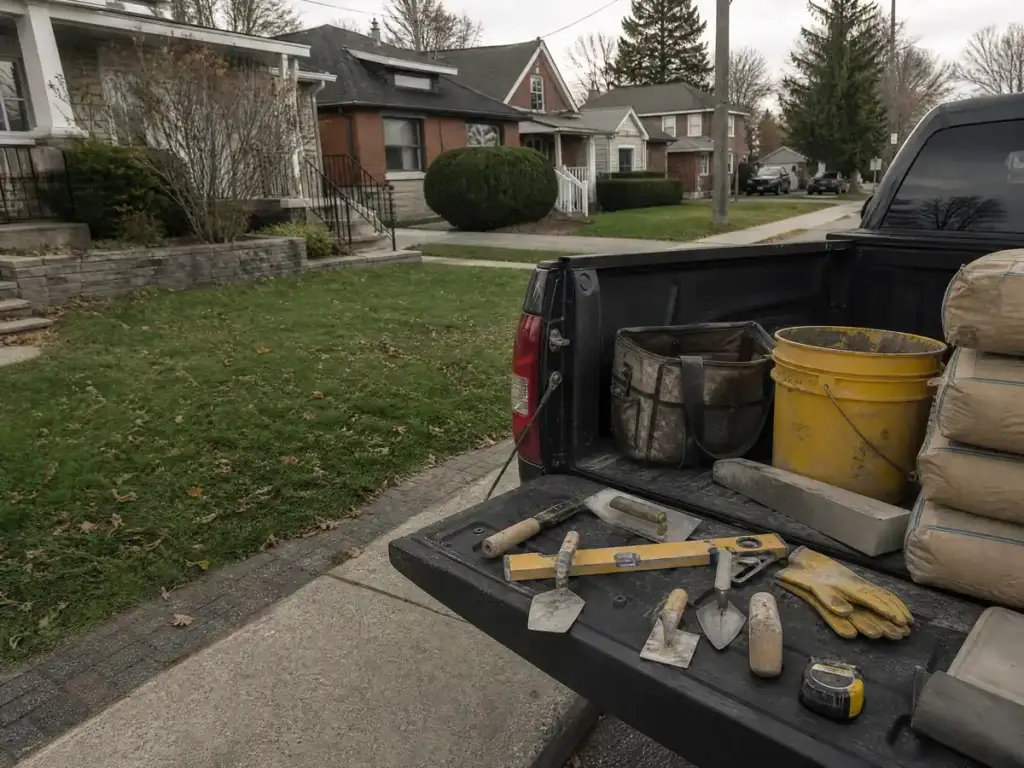 Trowels, a level, a tape measure and gloves laid out on a tailgate