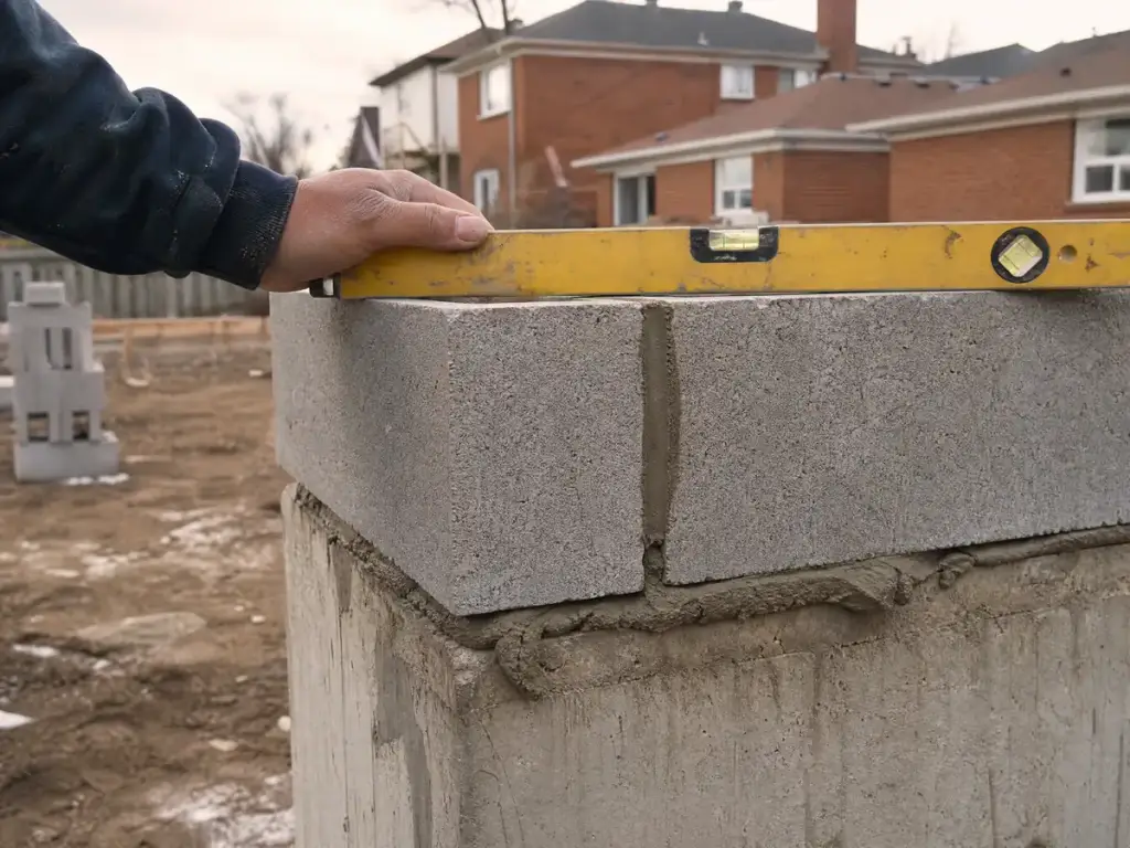 Spirit level laid across the top course of a block wall corner