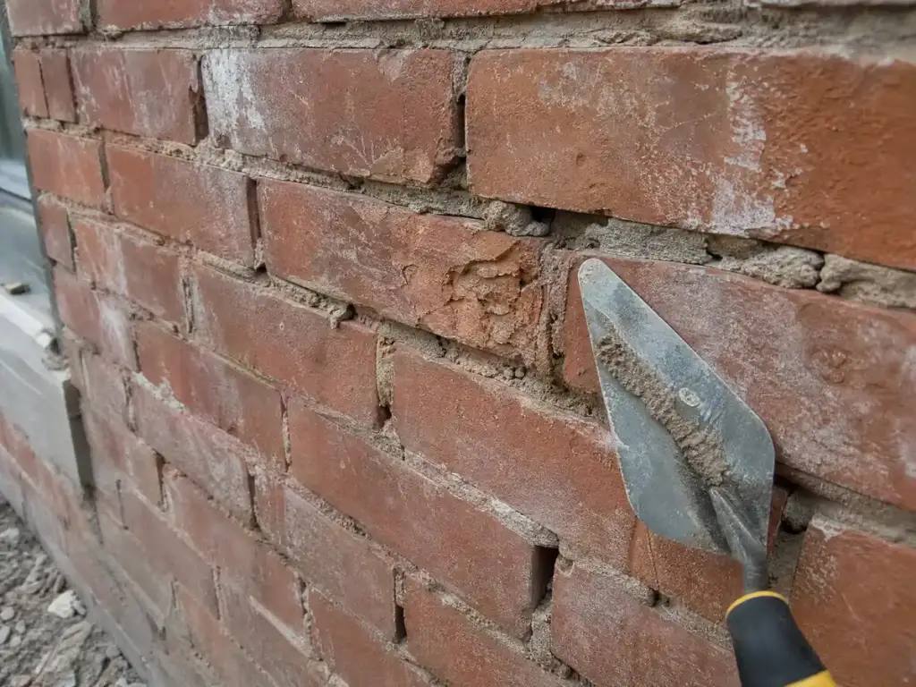 Close view of crumbling mortar joints and a spalled brick in an old wall