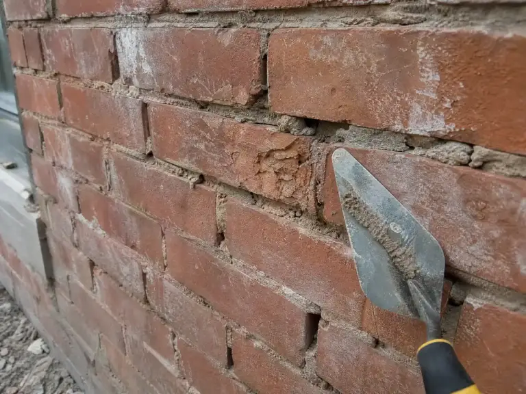 Close view of crumbling mortar joints and a spalled brick in an old wall