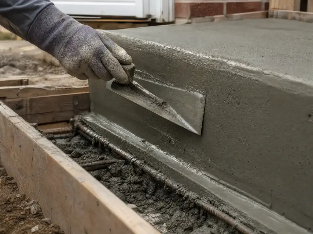 Hand trowelling the edge of a fresh concrete step with forms still in place
