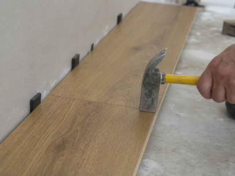Floor board being tapped into place with spacers holding the expansion gap at the wall