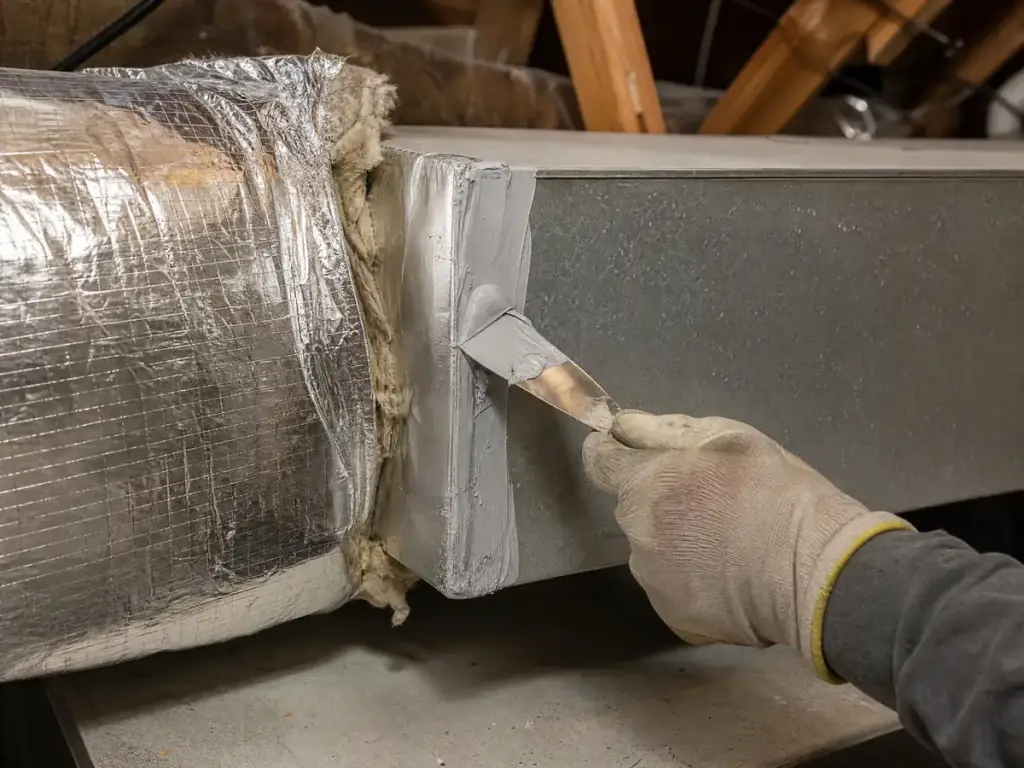 Rectangular duct takeoff being sealed with mastic and foil tape