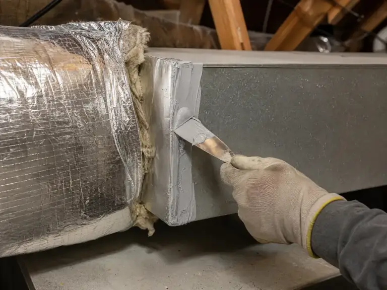 Rectangular duct takeoff being sealed with mastic and foil tape