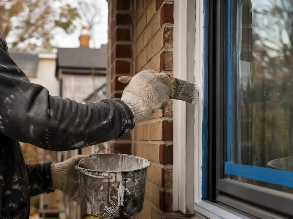 Brush cutting a crisp paint line along masked window trim
