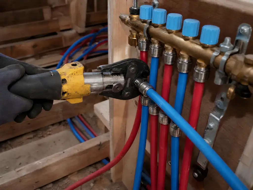 PEX crimp connection being made at a manifold with supply lines running off through joists