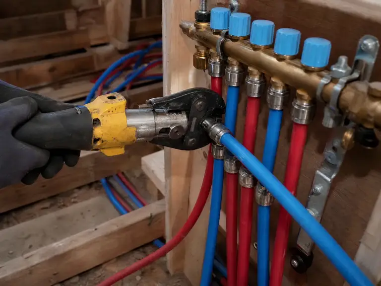 PEX crimp connection being made at a manifold with supply lines running off through joists