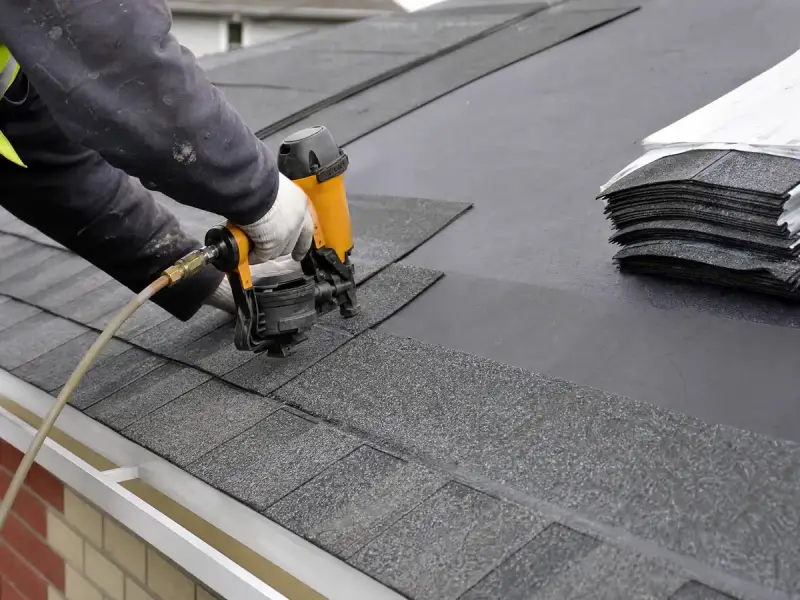 Asphalt shingles being nailed over ice and water shield at a roof eave