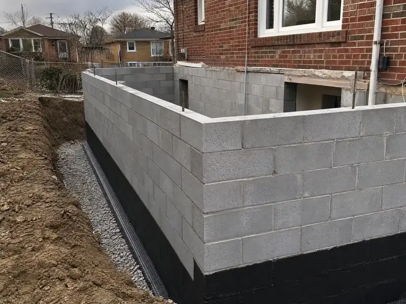 New concrete block foundation wall for a rear addition with damp proofing on the lower courses