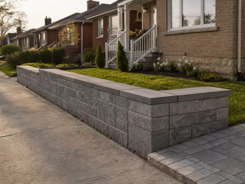 Low split face concrete block garden wall with flat coping along a front lawn