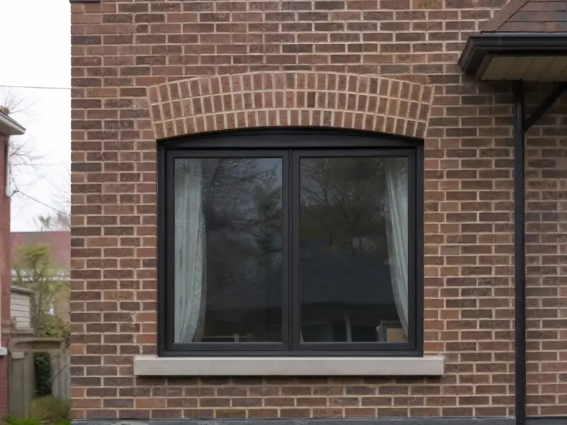 Repaired segmental brick arch over a ground floor window with a new precast concrete sill