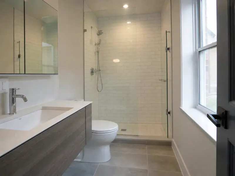 Renovated bathroom with white subway tile, a glass shower panel and a floating vanity