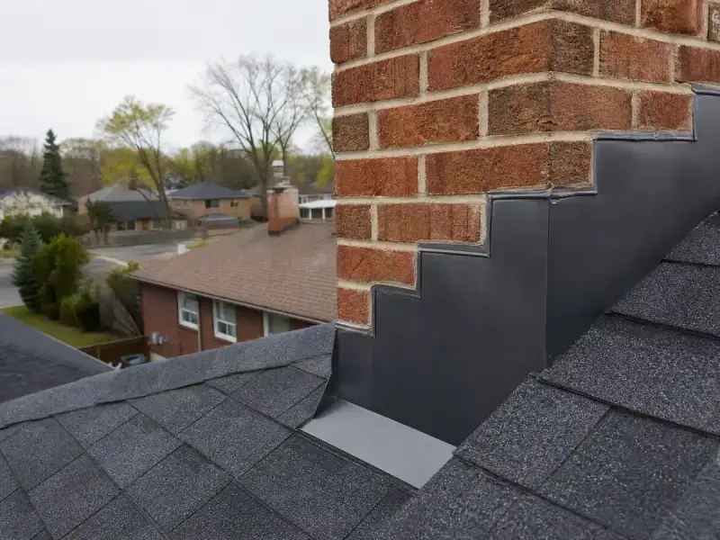 New step flashing and counter flashing where a shingle roof meets a brick chimney