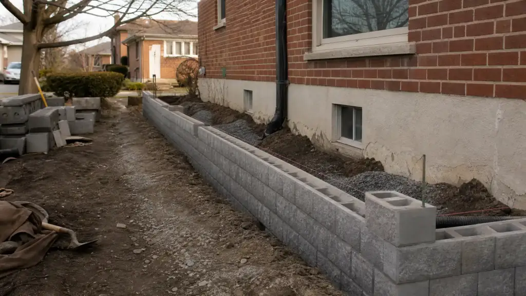 Concrete block retaining wall being laid course by course beside a house