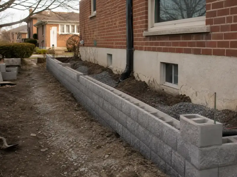 Concrete block retaining wall being laid course by course beside a house