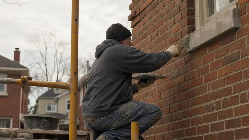 Mason on a scaffold repointing mortar joints in a red brick wall with a pointing trowel