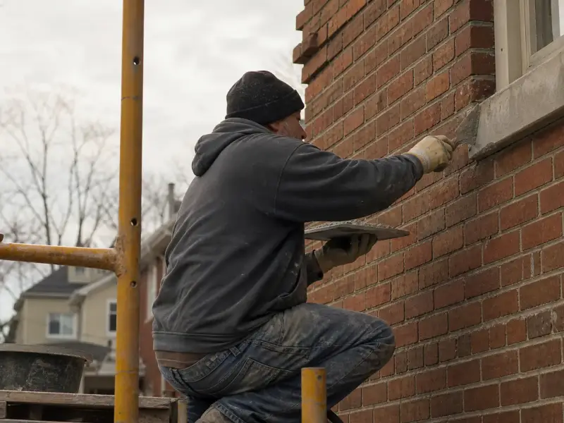Mason on a scaffold repointing mortar joints in a red brick wall with a pointing trowel