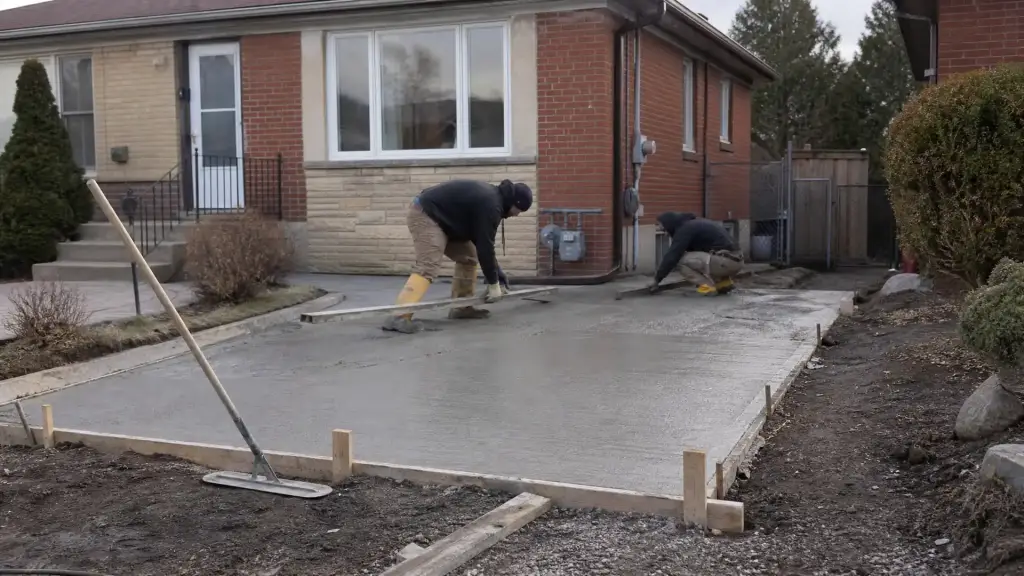 Two workers screeding a freshly poured concrete driveway between timber forms