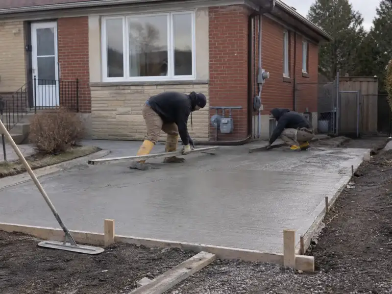 Two workers screeding a freshly poured concrete driveway between timber forms