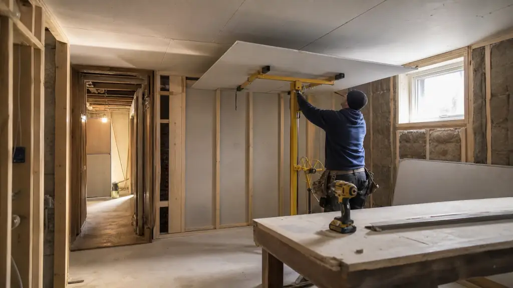 Drywall sheets being hung on the walls and ceiling of a stud framed basement room