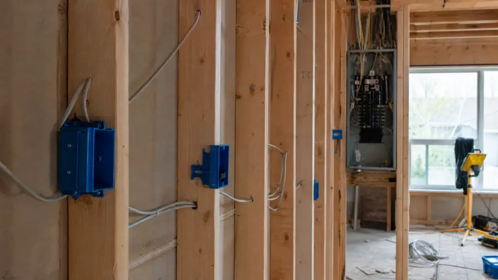 Electrical rough in with device boxes set proud of the studs and cables stapled to the framing