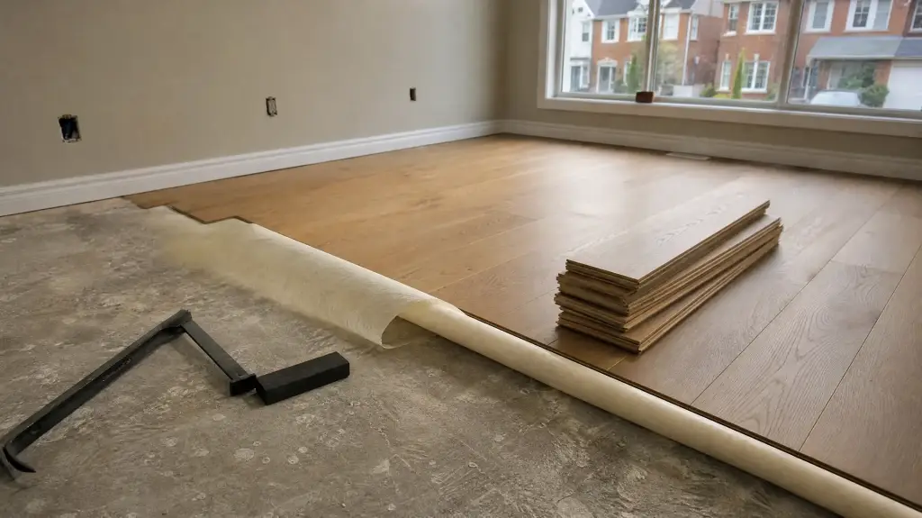 Engineered oak flooring being laid across a stripped room with underlay rolled back