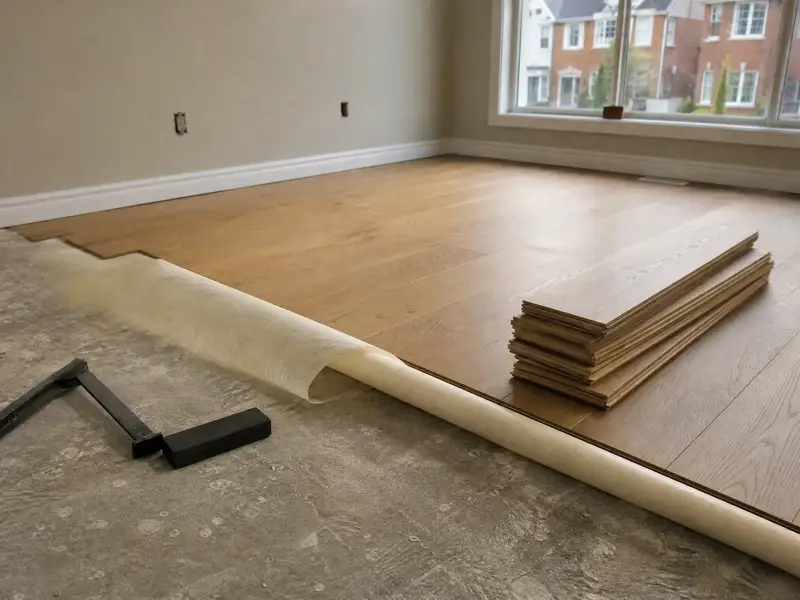Engineered oak flooring being laid across a stripped room with underlay rolled back