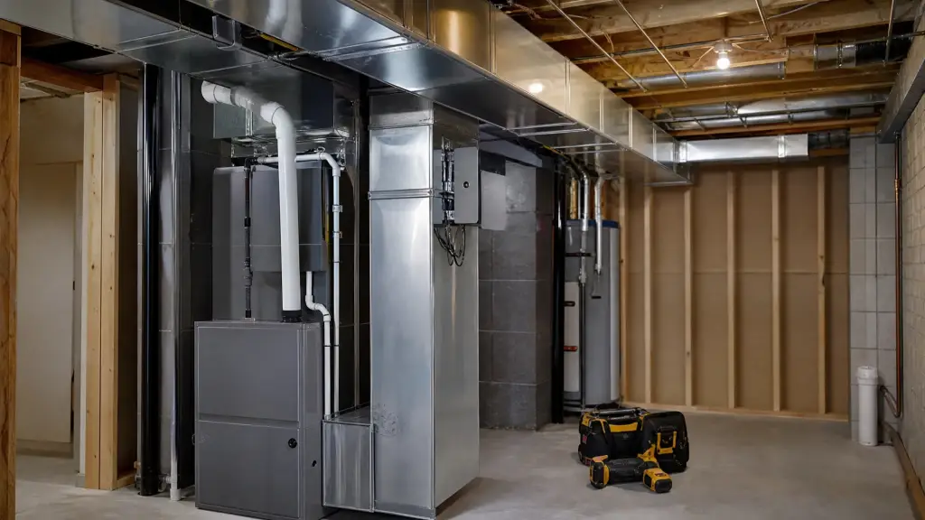 High efficiency furnace and new trunk ductwork in an unfinished basement mechanical room