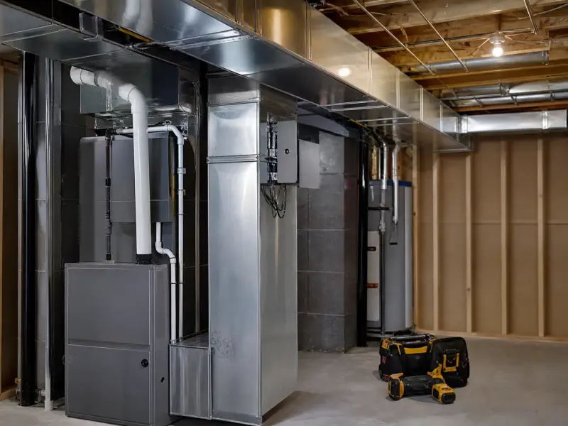 High efficiency furnace and new trunk ductwork in an unfinished basement mechanical room