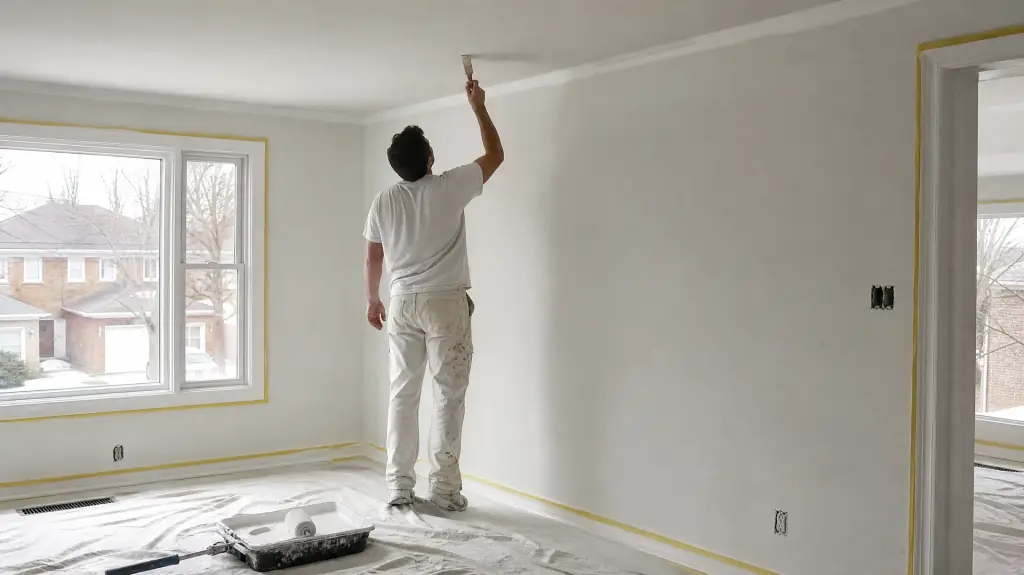 Painter cutting in the edge of a ceiling with a brush in an empty room