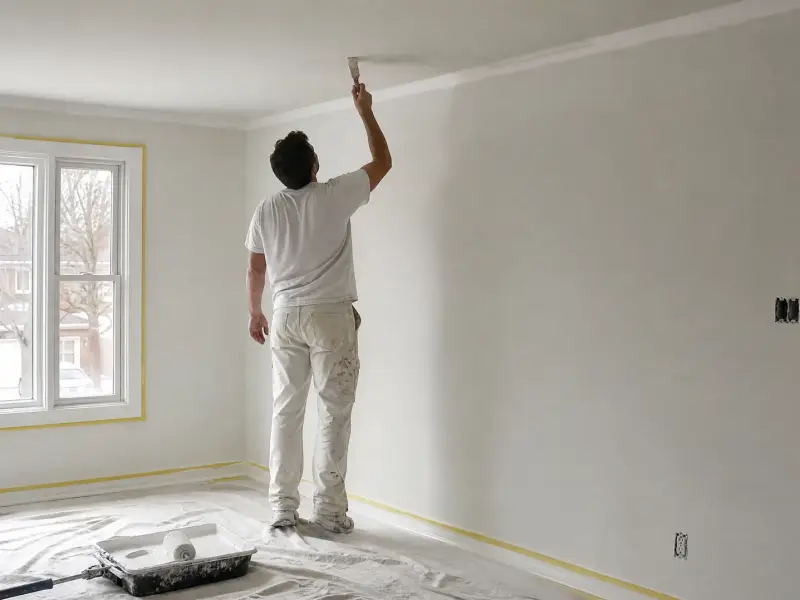 Painter cutting in the edge of a ceiling with a brush in an empty room