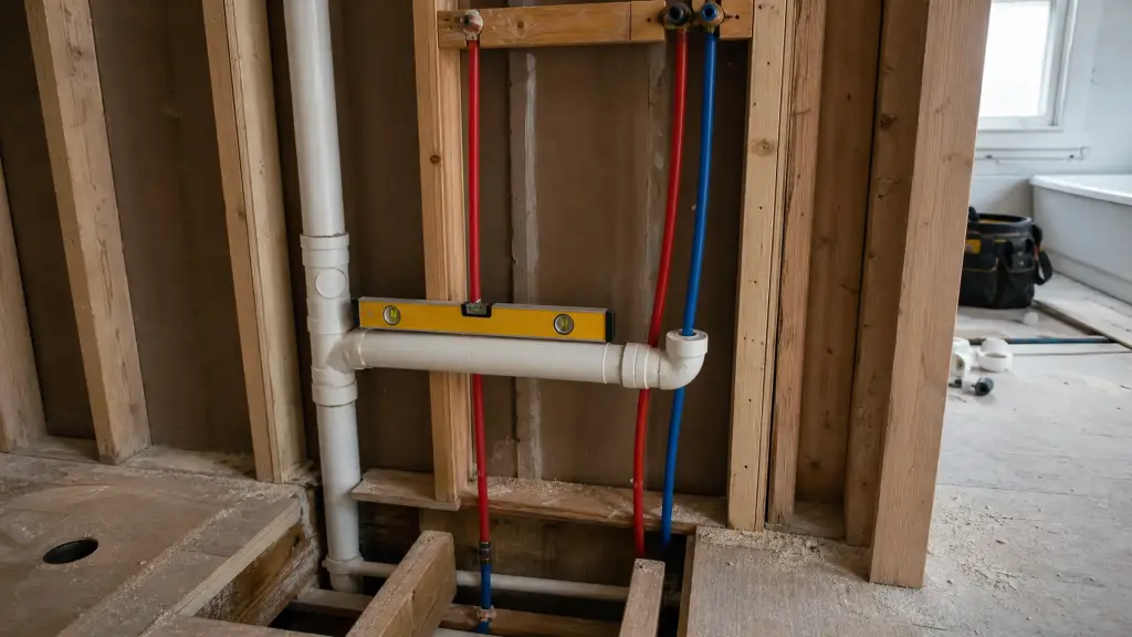 Plumbing rough in for a bathroom showing PEX supply lines and a PVC drain stack in a stud wall