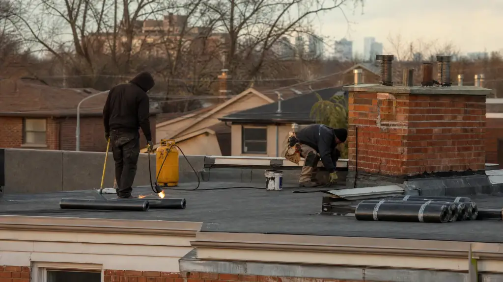 Roofers working on a low slope flat roof with rolls of membrane and a parapet wall