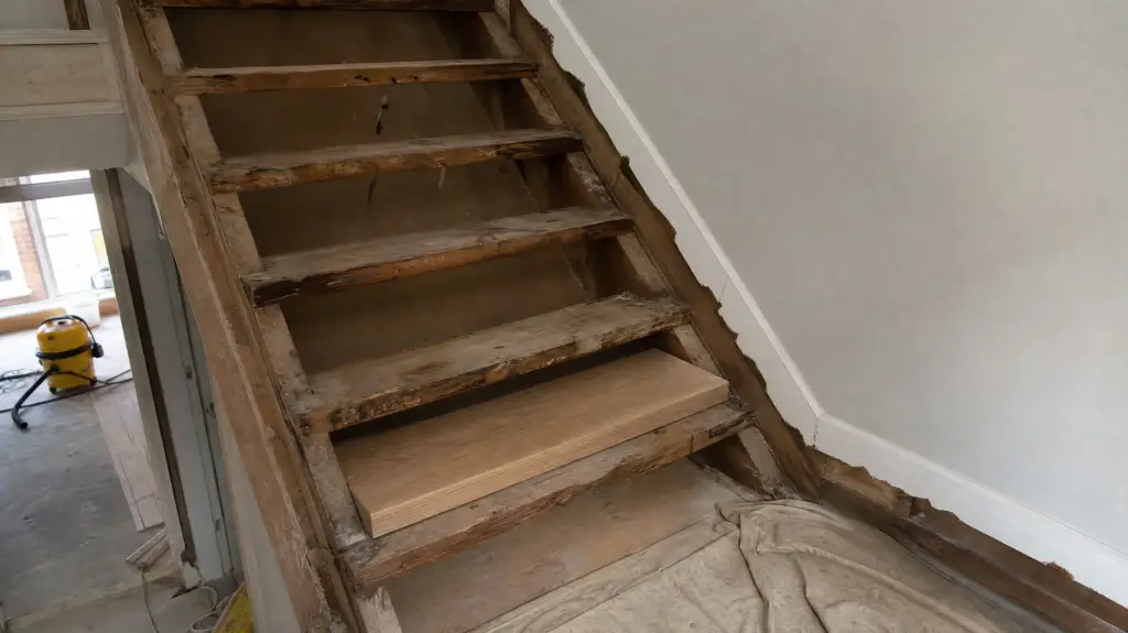 Interior staircase stripped to bare stringers with a new oak tread resting on the steps