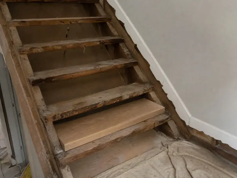 Interior staircase stripped to bare stringers with a new oak tread resting on the steps