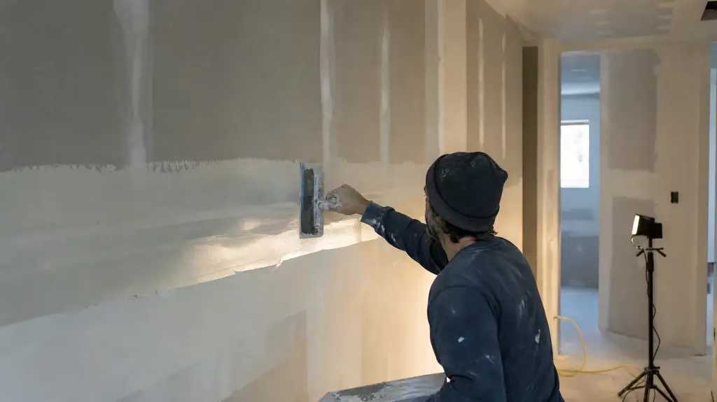 Taper skimming joint compound across a drywall butt joint under a raking work light