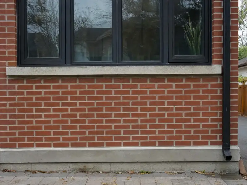 The same lower front wall after repointing, with even mortar joints and the damaged bricks replaced