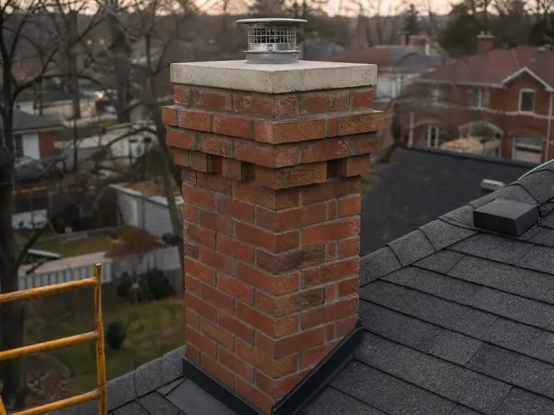 Rebuilt brick chimney above a shingled roof with a new concrete crown and tight flashing