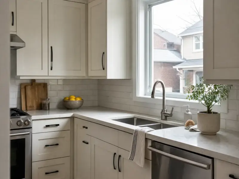 Finished kitchen with shaker cabinets, a stone countertop and a tiled backsplash