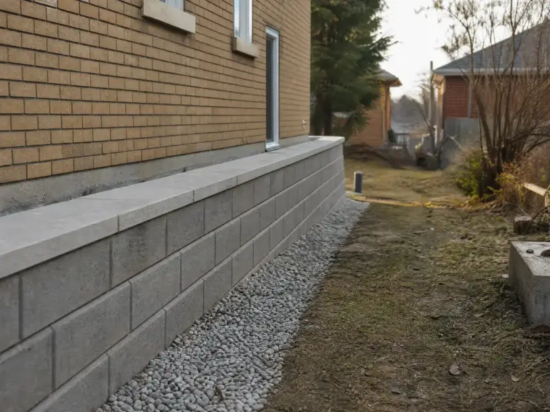 Finished concrete block retaining wall with a gravel drainage strip and a level cap course